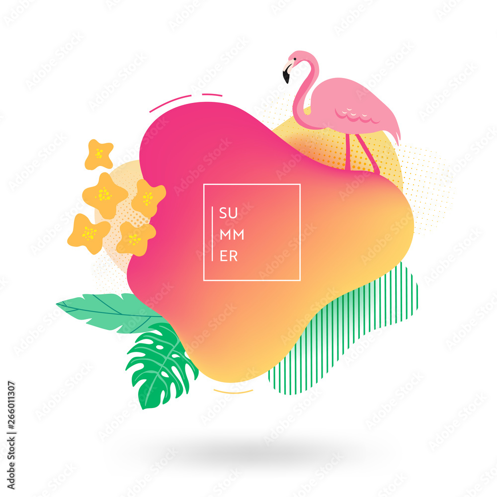 Fototapeta Summer banner template. Tropical liquid geometric shape background with flowers, flamingo birds, tropic fluid bubble, card, brochure, promo badge for your seasonal design. Vector illustration