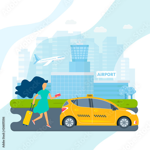Machine yellow cab and young lady with baggage searching for taxi in the city