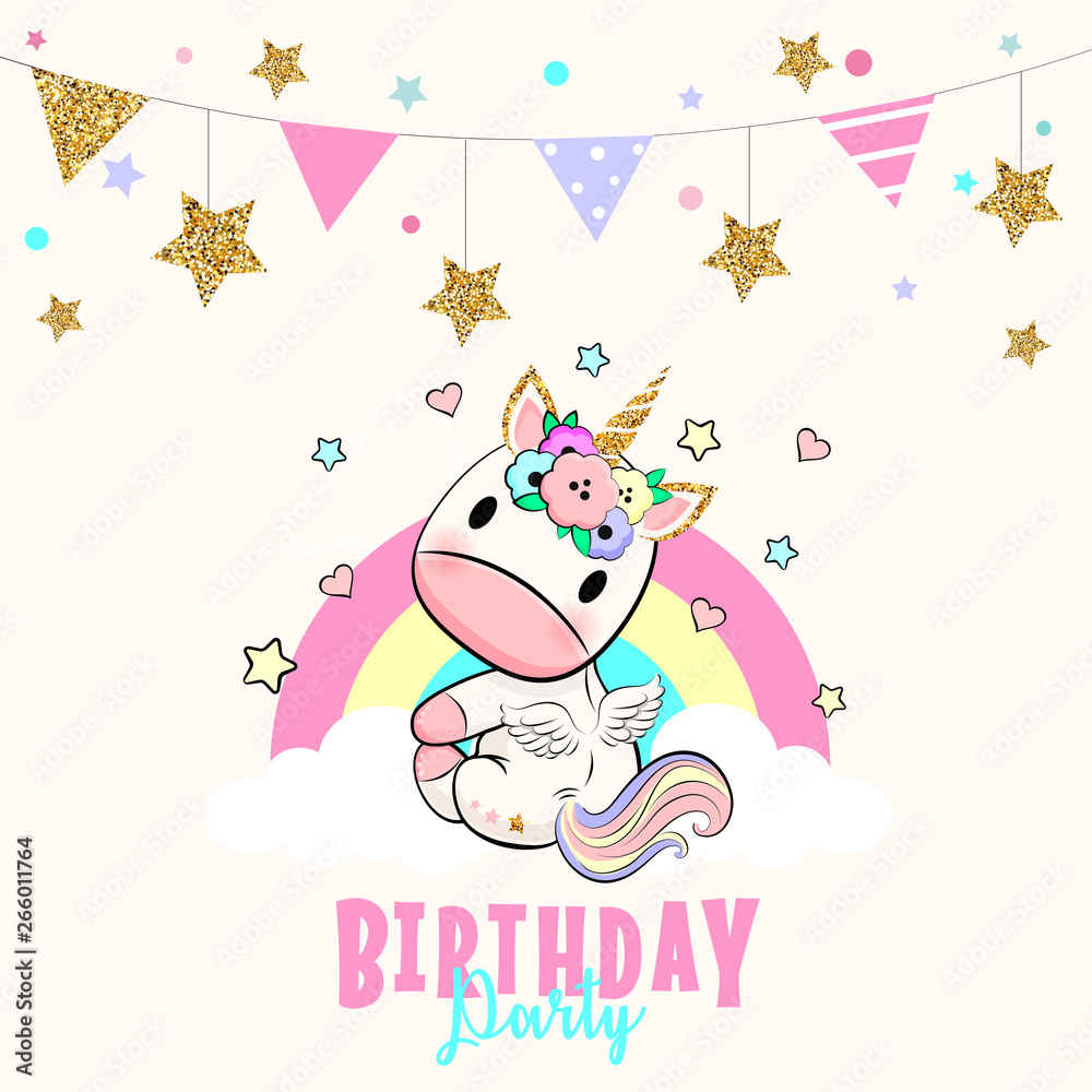 Birthday party invitation with baby unicorn Birthday party invitation with baby unicorn