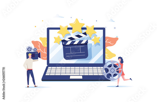 movie festival, online cinema vector illustration concept, people watching movie by online streaming, millenial vlogger.