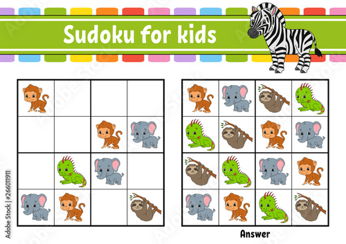 Sudoku for kids. Education developing worksheet. Activity page with pictures. Puzzle game for children. Logical thinking training. Isolated vector illustration. Funny character. Cartoon style.