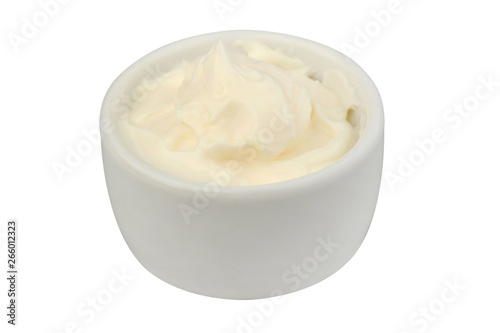 Mayonnaise in a bowl on an isolated white background