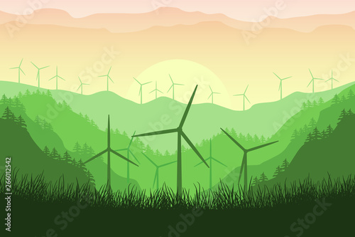 Wind turbines on a mountains background in the forest. A wind farm in a beautiful landscape. Windmill ecological renewable power. Vector green energy Illustration.