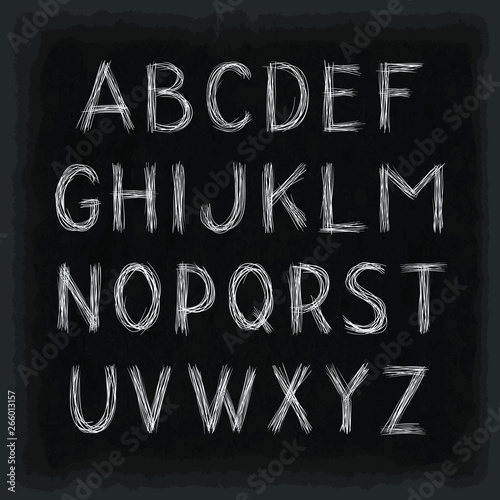 Hand drawn alphabet. Uppercase letters. Black chalkboard background. Template for your design works. Vector illustration.