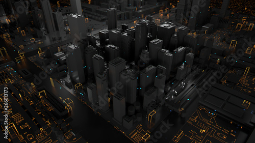 3d render of technology and city concept. Background with reflective abstract skyscrapers and digital elements.