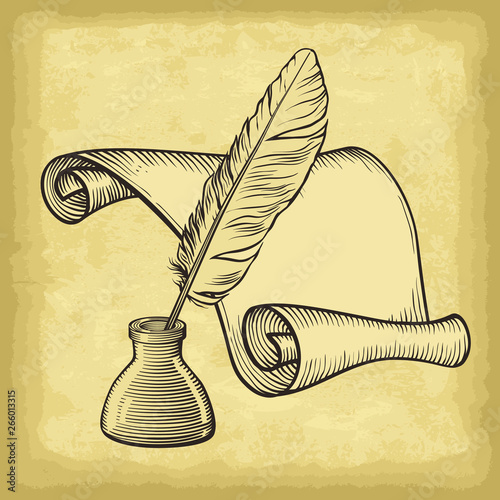 Hand drawn inkstand, feather and paper on old craft paper texture background. Template for your design works. Engraved style vector illustration.