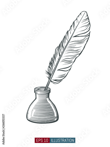 Hand drawn inkstand and feather. Template for your design works. Engraved style vector illustration.