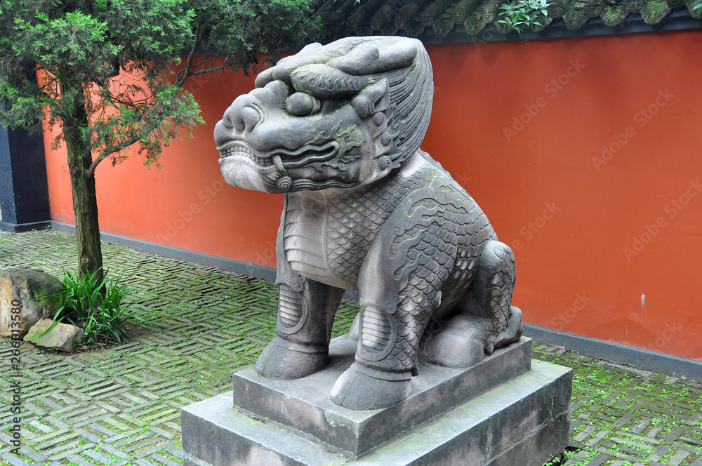 Lion on Sacred Way of Wuhou Temple Wu Hou Ci in Chengdu, Sichuan Province, China. Wuhou Temple Memorial Temple of Marquis Wu is dedicated to Zhuge Liang