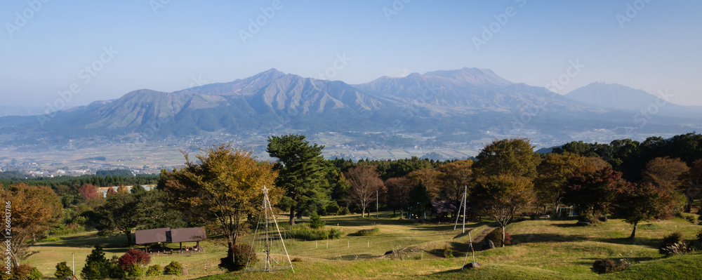 Obraz premium Morning view of the 5 peaks of Aso from the southern rim of Aso volcanic caldera - Aso-Kuju National Park, Kumamoto Prefecture, Japan