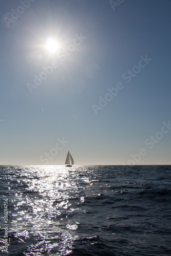 Sailboat with white sails navigates at sunrise in Brittany