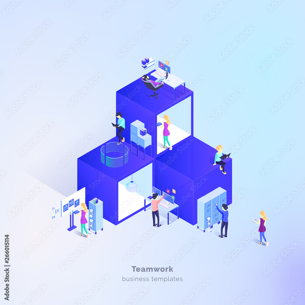 A group of people in the process. Futuristic office. Group work on the project. Work process management. Vector illustration isometric style.