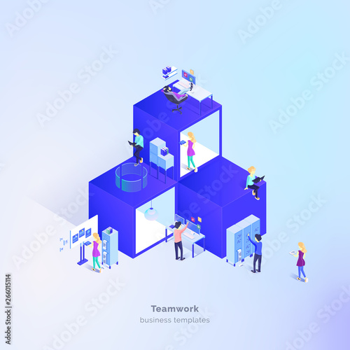 A group of people in the process. Futuristic office. Group work on the project. Work process management. Vector illustration isometric style. © Oleksandr