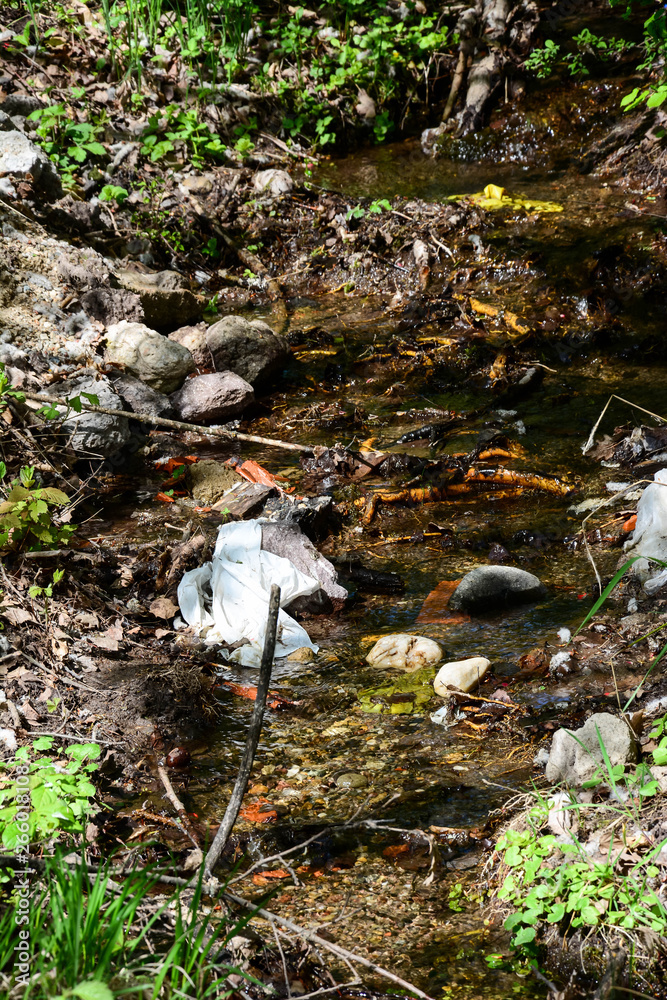 Obraz premium Garbage polluting the natural environment, pollution, nature series. Pollution of nature by plastic. Vertical. The source of healthy thermal water is polluted with plastic waste, bottles, boxes, bags.
