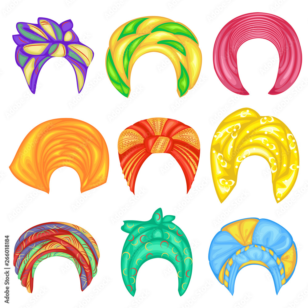 Collection. Woman s headdress, turban. Bright knitted color scarf. Clothes are beautiful and stylish. Set of vector illustrations Collection. Woman s headdress, turban. Bright knitted color scarf. Clothes are beautiful and stylish. Set of vector illustrations
