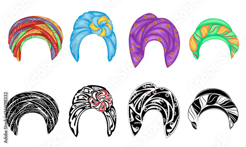 Collection. Woman s headdress, turban. Bright knitted scarf. Clothes are beautiful and stylish. Graphic image. Set of vector illustrations