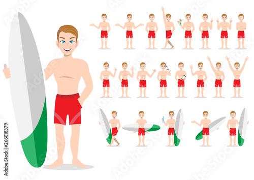 Summer season holiday. Cartoon character on the beach; Handsome man with swimming pant and activities design vector