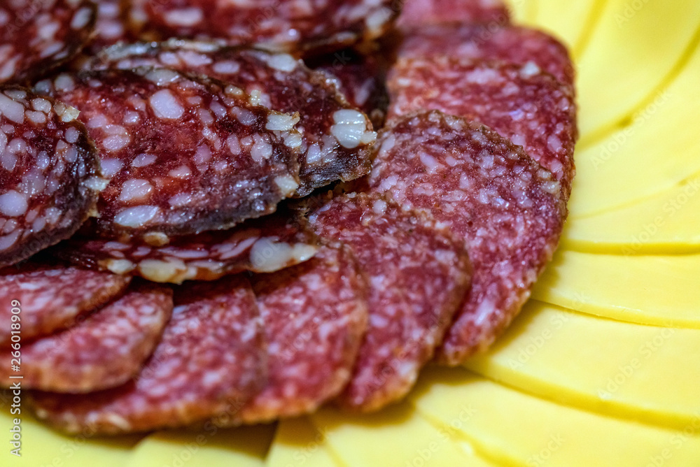 Close up plate with variety of slicesd cheese and sausage Close up plate with variety of slicesd cheese and sausage