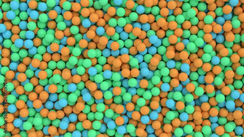 Animated top view and flying over pile of a lot of blue, orange and green ping pong or table tennis balls lying in large container or as if moving on conveyor belt. Animated top view and flying over pile of a lot of blue, orange and green ping pong or table tennis balls lying in large container or as if moving on conveyor belt.