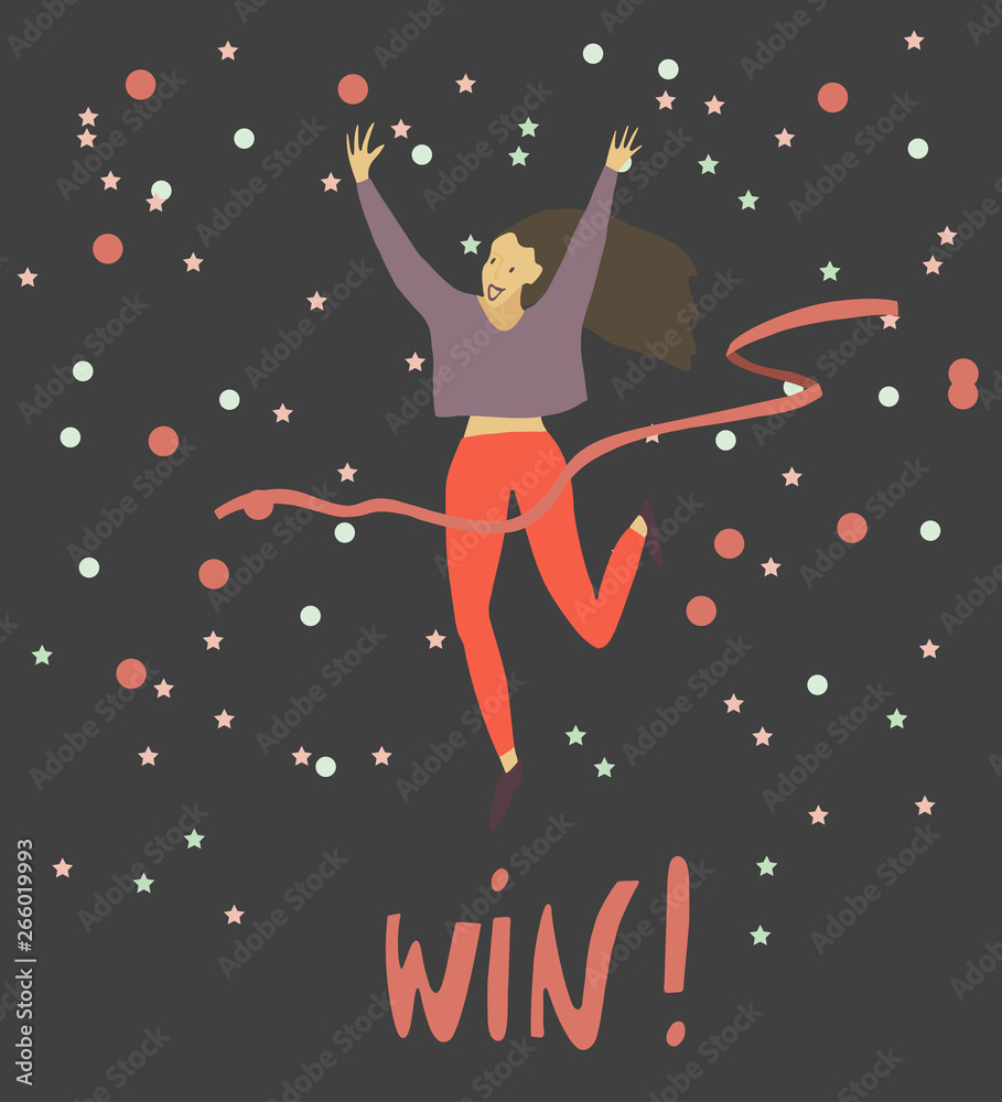 Girl crossing finishing line . Happy woman winning race and coming first to finish red ribbon . Confetti background . Vector