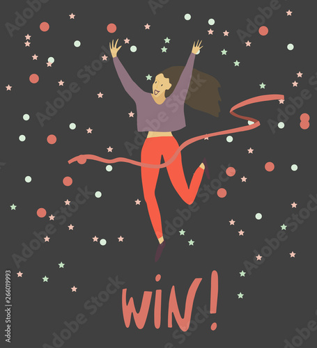 Girl crossing finishing line . Happy woman winning race and coming first to finish red ribbon . Confetti background . Vector