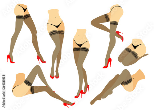 Collection. Silhouette of slender beautiful female legs. The lady is in different poses. Girls dressed in fashionable stockings and shod in red high-heeled shoes. Vector illustration set