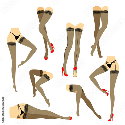 Collection. Silhouette of slender beautiful female legs. The lady is in different poses. Girls dressed in fashionable stockings and shod in red high-heeled shoes. Vector illustration set