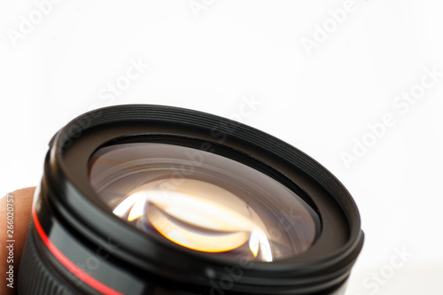 Zoom lens on a white background, closeup