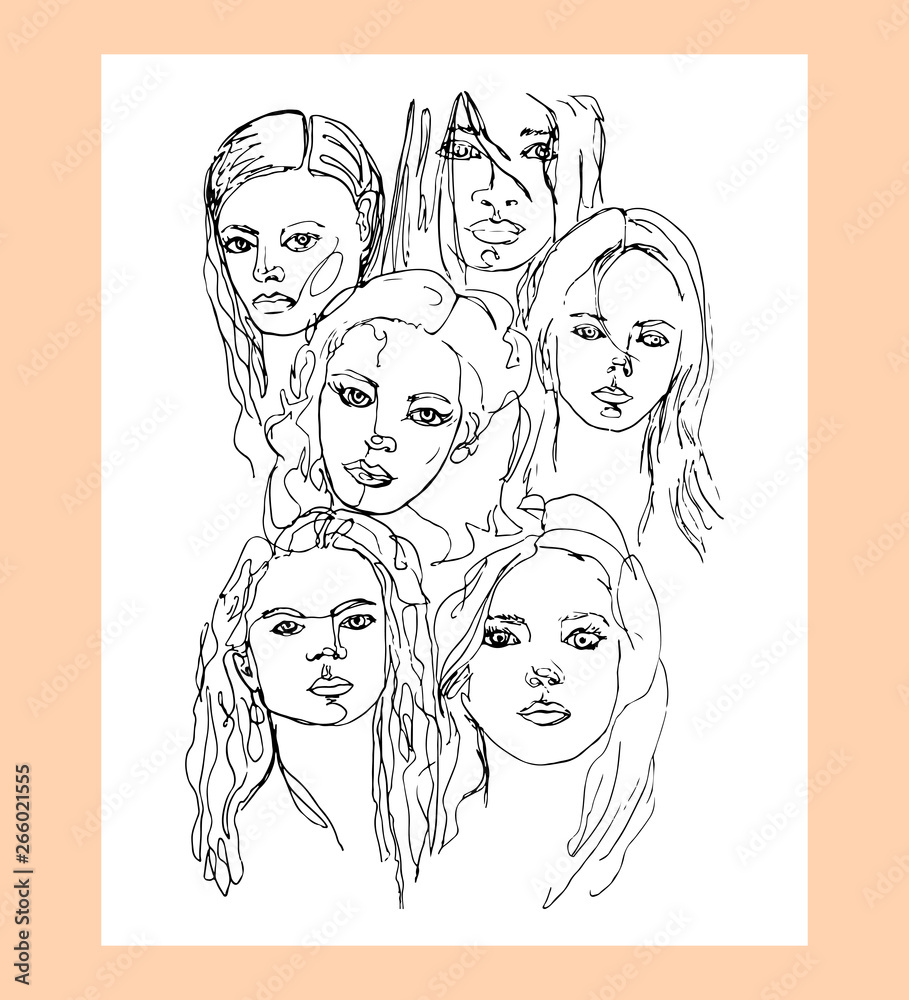 One continuous line drawing of women with long wavy hair. Minimalism art. One continuous line drawing of women with long wavy hair. Minimalism art.