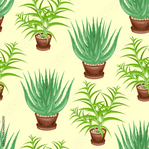 Aloe tree and aloe vera in pots on a green background. Seamless pattern. Suitable for wallpaper and as a background for gift wrapping. Creates a cheerful mood. Vector illustration