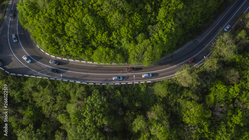 Top down view of a serpentine road trough the Caucasian mountains