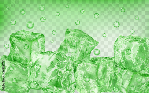 A lot of translucent green ice cubes and air bubbles under water on transparent background. Transparency only in vector format