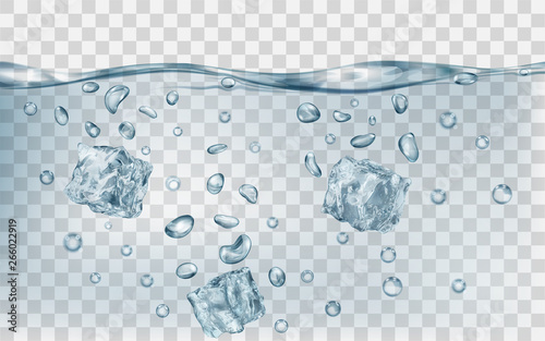 Three translucent gray ice cubes and many air bubbles under the surface of water on transparent background. Transparency only in vector format