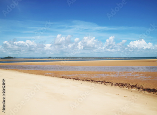 Tropical beach in Bahia, Brazil. Beautiful clouds on empty beach with different color tones of sand.