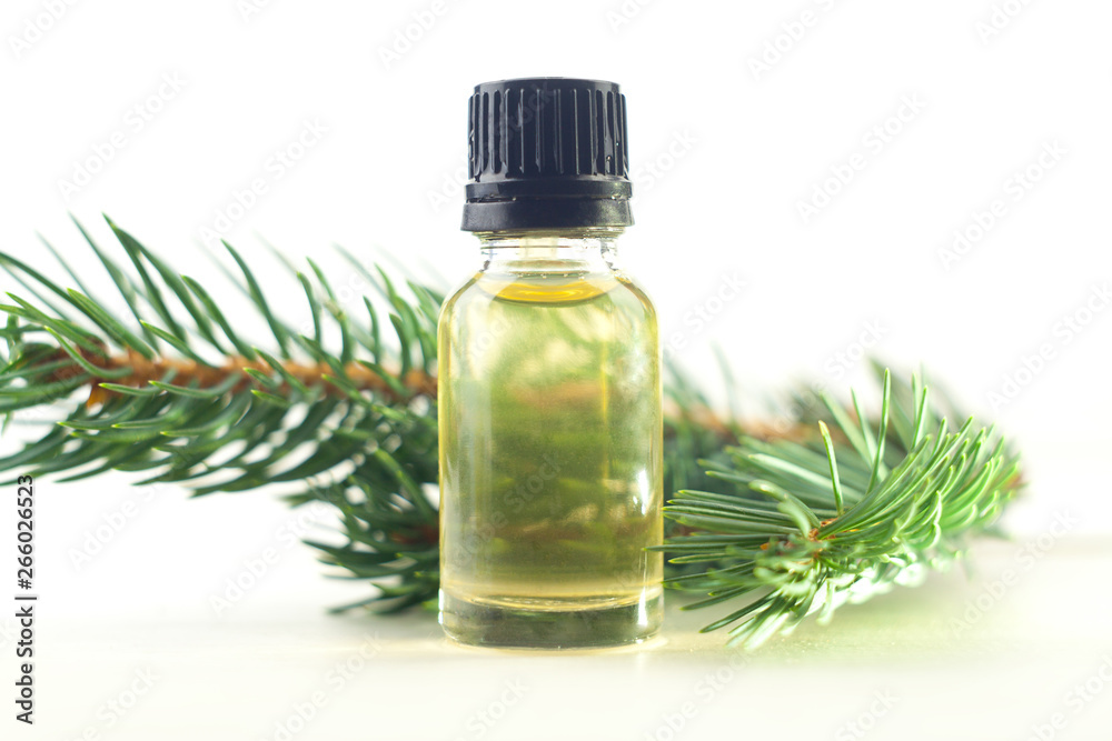 Essence of pine on table in beautiful glass jar