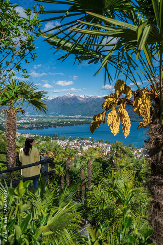A traveller , looking at lake maggiore surrounded by palms in Orselina, Switzerland