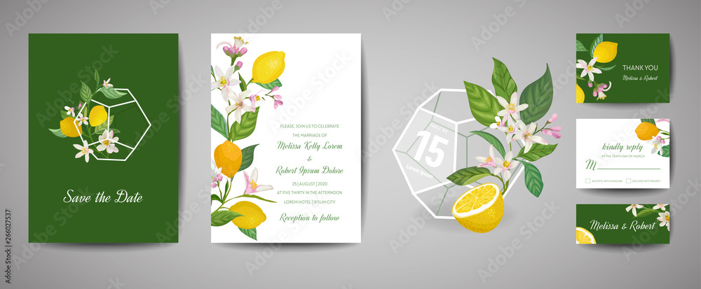 Set of Botanical wedding invitation card, vintage Save the Date, template design of lemons fruit flowers and leaves, blossom illustration. Vector trendy cover, graphic poster, brochure
