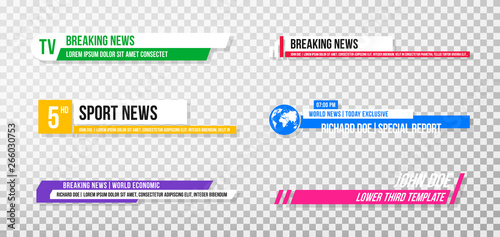 Lower third template. Set of TV banners and bars for news and sport channels, streaming and broadcasting. Collection of lower third for video editing on transparent background
