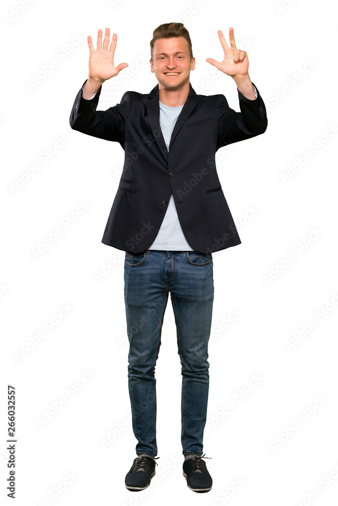 Blonde handsome man counting eight with fingers