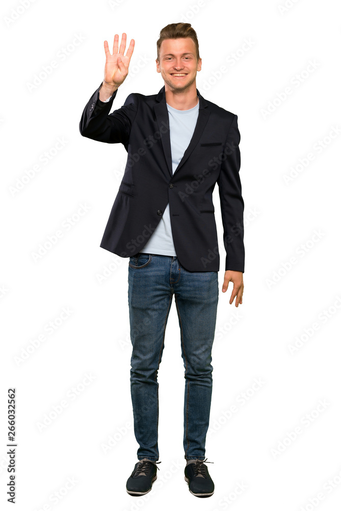 Blonde handsome man happy and counting four with fingers Blonde handsome man happy and counting four with fingers