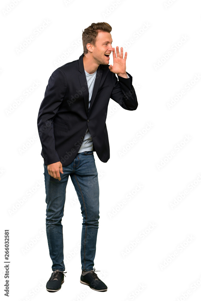 Blonde handsome man shouting with mouth wide open to the lateral Blonde handsome man shouting with mouth wide open to the lateral