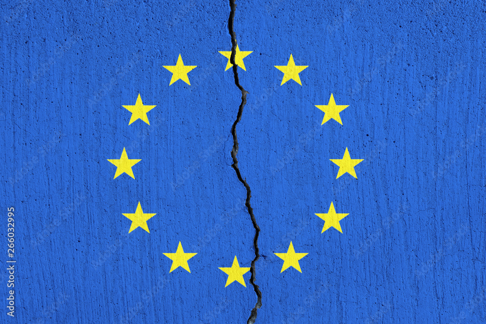 EU flag breaking apart , Cracked European Union flag -