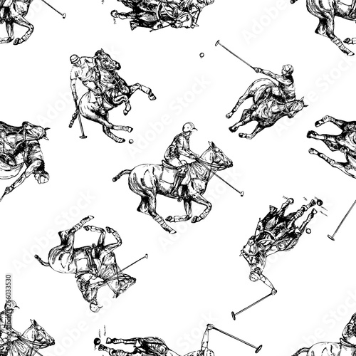 Seamless pattern of hand drawn sketch style abstract polo players isolated on white background. Vector illustration.
