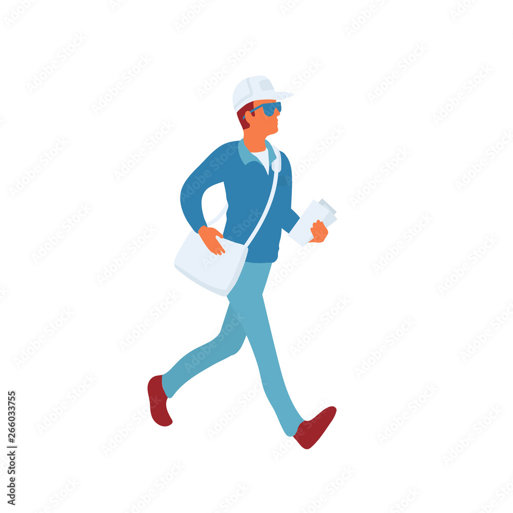 Postman in uniform walks with messenger bag and mail to deliver Postman in uniform walks with messenger bag and mail to deliver