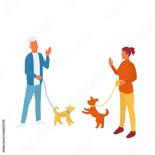 Two dog owners walking their pets and greeting each other