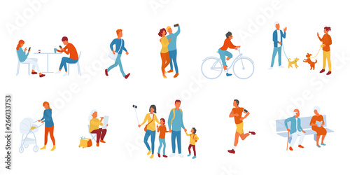 Park people set, people actively spending time outdoors