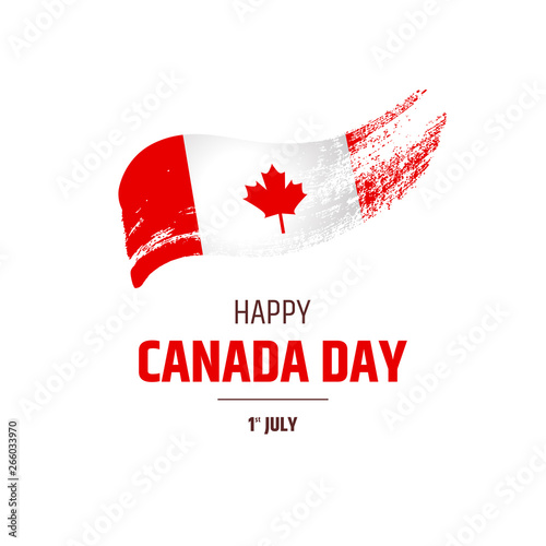 Happy Canada Day poster. Vector illustration on white background. Greeting card with text and Canadian flag - national symbol of country.