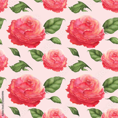 Asian Pink Rose watercolor pattern © Xenia Snowstorm