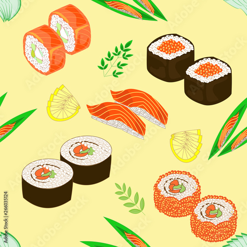 Seamless pattern. Dishes of national Japanese cuisine, sushi, rolls, fish. Suitable as wallpaper in the kitchen, for packing food, gifts. Vector illustration