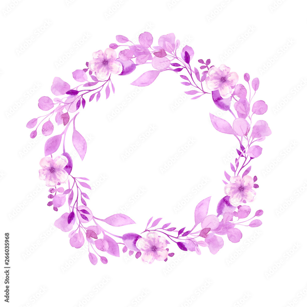 Frame wreath with flowers of cherry, apple, almond, sakura.Watercolor drawing by hand. Pink watercolor flowers, and twigs collected in the wedding composition Frame wreath with flowers of cherry, apple, almond, sakura.Watercolor drawing by hand. Pink watercolor flowers, and twigs collected in the wedding composition