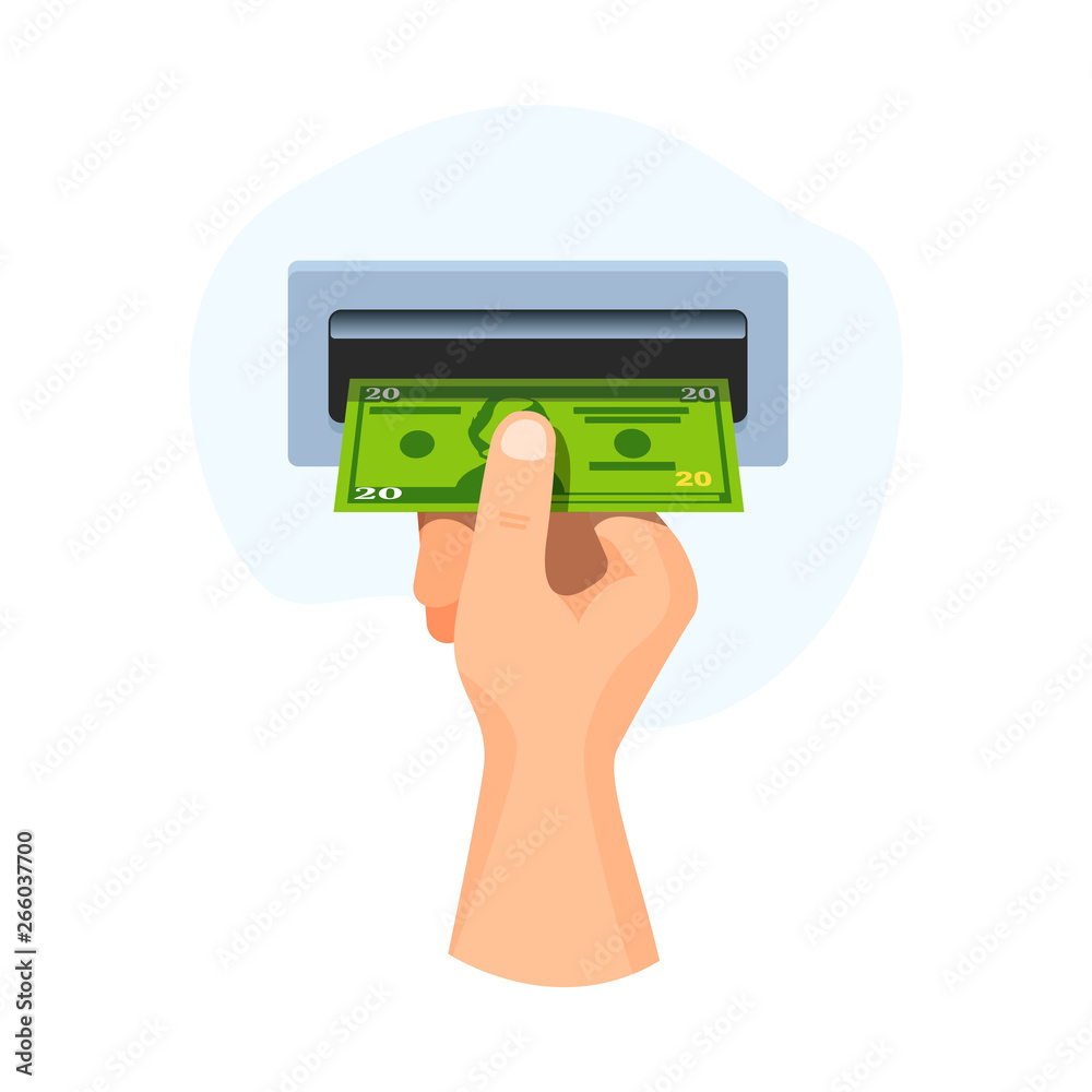 Hand insert in atm money 20 dollars, banknote vector business illustration Hand insert in atm money 20 dollars, banknote vector business illustration